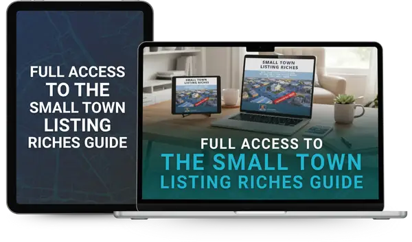 Small Town Listing Riches guide shown on a tablet and a laptop