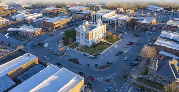 Aerial view of a small town square